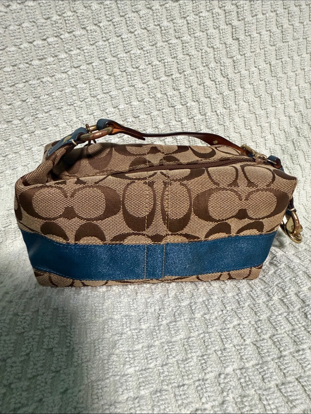 Coach Brown Signature Canvas Wristlet with Blue Denim Band